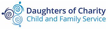 Dark and light blue logo reads Daughters of Charity Child and family services with 3 swirls to the left of it in a triangular shape in shades of blue that looks like a Celtic symbol
