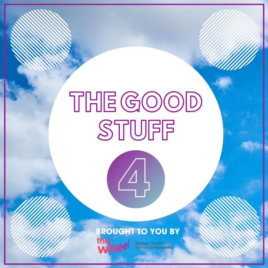 Banner for The Good Stuff podcast season four, featuring the logo (purple sans serif text) and the numeral four contained in a large white circle on a background of blue sky and white clouds.