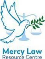 White Bird with blue outline carrying branch overlayed over blue scales of justice, with the name Mercy Law Resource Centre below 