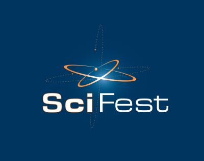 Square with SciFest on a blue background and an image of an atom.