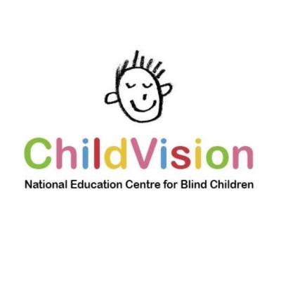 pencil drawing of a smiling child's face above colourful ChildVision name and tag line National Education Centre for Blind Children