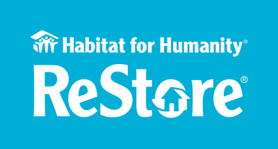 Habitat ReStore logo is all white on a blue background - the word ReStore with a house in the middle of the 'O' and the Habitat for Humanity logo above