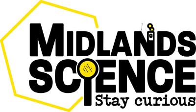 Midlands Science log showing a microscope and bubbling chemicals and a hexagon which communicates the organisation's public engagement with science work.
