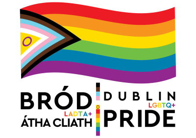 A progressive rainbow flag with the words Dublin LGBTQ+ Pride and it's equivelent in Irish