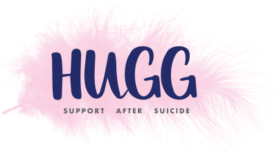 HUGG, Support After Suicide written over pink feather