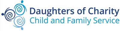Dark and light blue logo reads Daughters of Charity Child and family services with 3 swirls to the left of it in a triangular shape in shades of blue that looks like a Celtic symbol