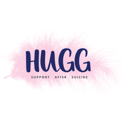 Pink feather with the words HUGG, Support After Suicide