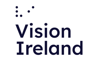 Vision Ireland logo in dark navy text. The word Vision sits over the word Ireland and they are both left aligned. Above the words is a dot braille pattern.