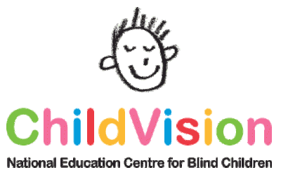 drawing of a smiling child's head, ChildVision spelled out in different colours, tag line: National Education Centre for Blind Children