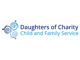 Dark and light blue logo reads Daughters of Charity Child and family services with 3 swirls to the left of it in a triangular shape in shades of blue that looks like a Celtic symbol