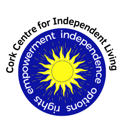 A yellow sun in a blue circle surrounded by the words independence, options, rights, empowerment.