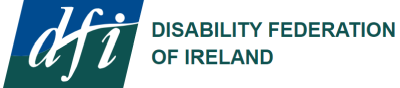 A blue and green box with the letters D F I in white. These letters are an acronym for Disability Federation of Ireland