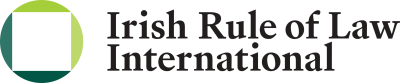 Image shows Irish Rule of Law International's logo, featuring a green circle with a white square beside the organisation’s name