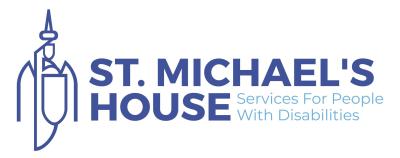 St Michael's House Blue Logo wording with Archangel Michael image