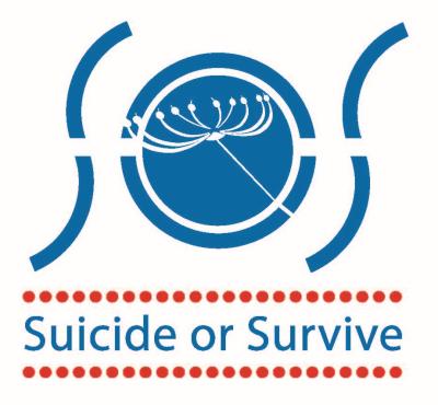 Blue letters spelling SOS with Suicide or Survive in blue below surrounded by red dots