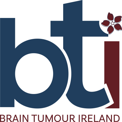 The letters bti and the words brain tumour ireland with the almond blossom image
