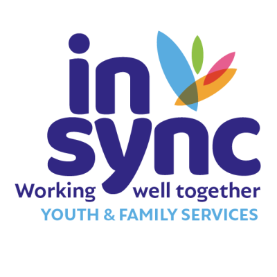 In Sync Youth & Family Services Logo with white background and blue lettering, with interweaving colourful petal design, and a tag line of 'Working Well Together'