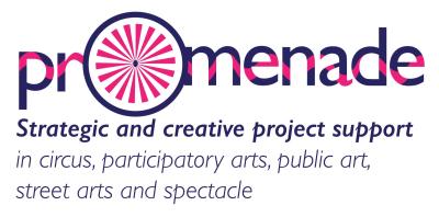 Logo for Promenade featuring a stylised pink and navy wheel forming the “o” in the company name. Text reads: “Strategic and creative project support in circus, participatory arts, public art, street arts and spectacle.