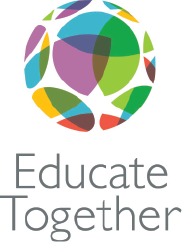 A globe shape filled with purple, blue, green, yellow, and red overlapping triangular shapes. Underneath in light grey letters it reads 'Educate Together'.