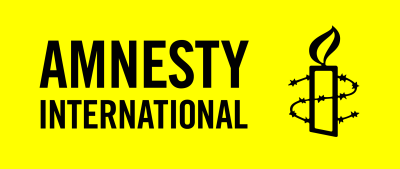 Amnesty International logo: a yellow candle wrapped in barbed wire on a black background