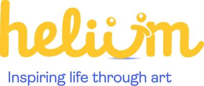 the word helium in marigold yellow. the letter u in helium looks like a smile. the line "inspiring life through art" in hyacinth blue underneath