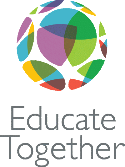 A globe shape filled with purple, blue, green, yellow, and red overlapping triangular shapes. Underneath in light grey letters it reads 'Educate Together'.
