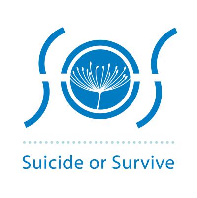 blue letters SOS with dandelion in the middle and blue Suicide or Survive underneath