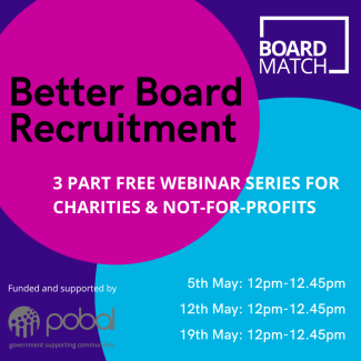 Advertisement graphic for Boardmatch Better Board Recruitment Webinar Series, supported by Pobal. 