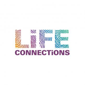Life Connections logo in words using the colours orange, purple, blue, green