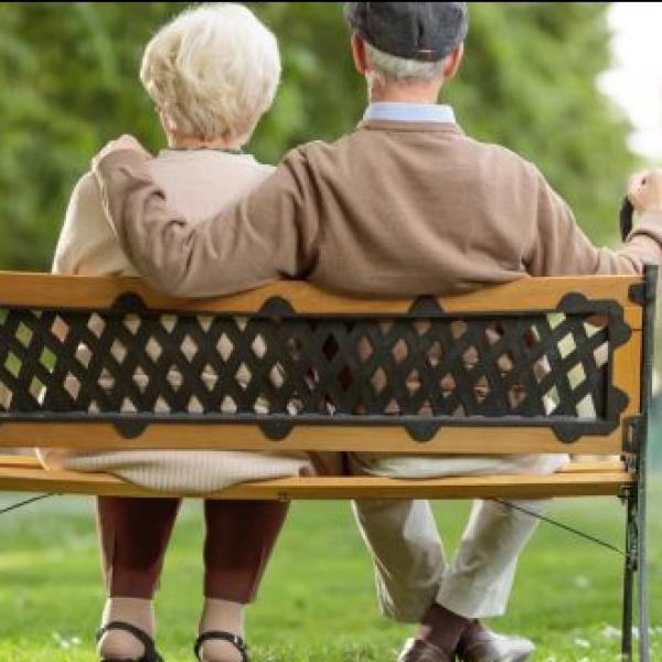Two older people sitting on a bench together, viewed from the back.