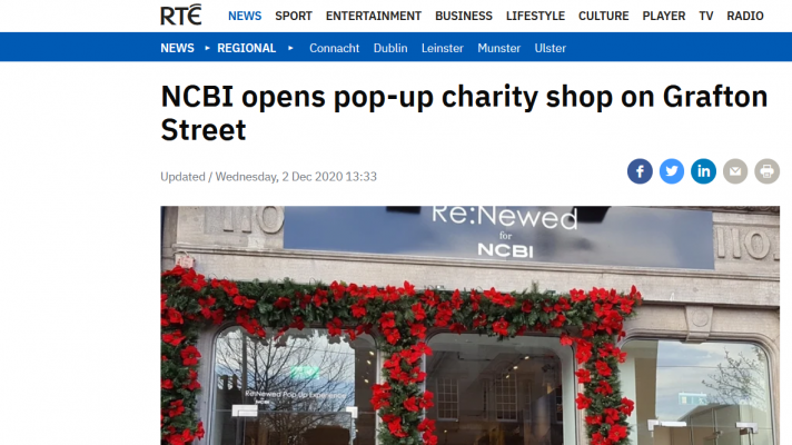 A photo of NCBI's pop-up charity shop on Grafton Street, on the homepage of RTÉ News