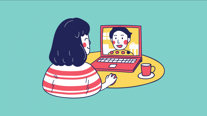 An illustration of a women speaking to another person on a computer screen.