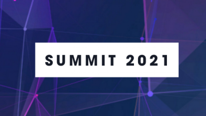 Text: Summit 2021 in a white box on a purple and navy cosmic background.
