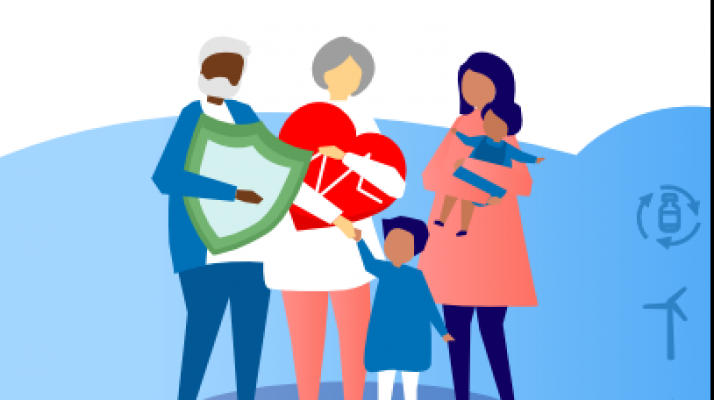 A cartoon image of three adults and two children. Two of the adults are holding a heart and a shield.