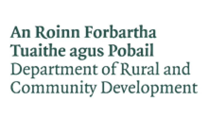 Department of Rural and Community Development Logo, featuring a picture of a harp next to the department's name in English and Irish.