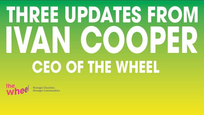 A lime-green banner with white sans serif all-caps texts which reads "Three Updates from Ivan Cooper CEO of the Wheel". The Wheel's logo is featured to the bottom left corner