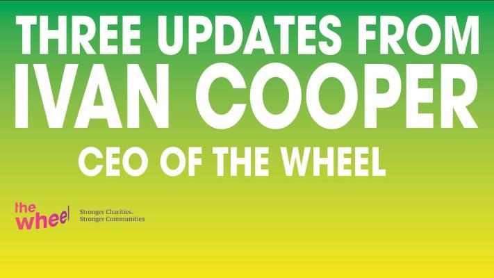 A lime-green banner with white sans serif all-caps texts which reads "Three Updates from Ivan Cooper CEO of the Wheel". The Wheel's logo is featured to the bottom left corner