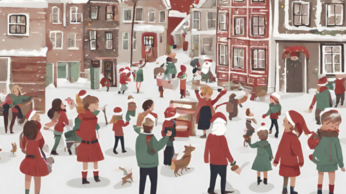 A Christmas community scene with many people walking along a snowy street.