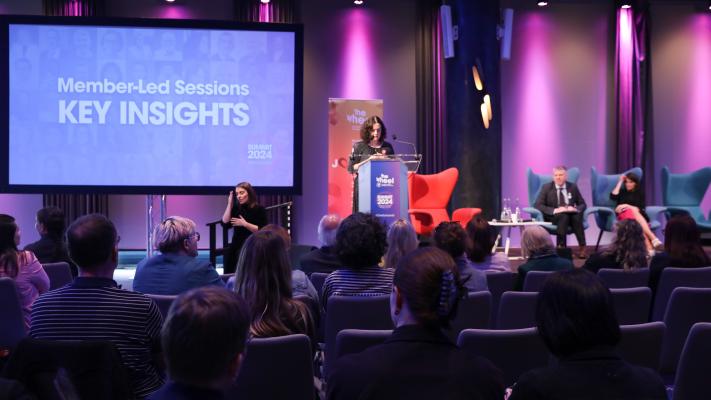 An Image of Emily Burke, Advocacy & Campaigns Manager of The Wheel presenting the Key Insights from the Member-Led Sessions at Summit 2024