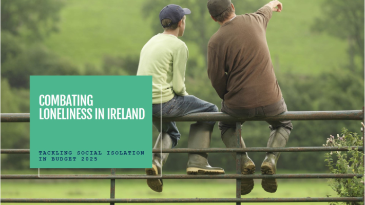 A man and teenaged boy in green wellington boots sit, backs to camera, on a metal cattle gate in a rural landscape. The man points into the distance with his right hands towards something out of frame and the boy's attention follows his gesture. A green text box with white text to the bottom left corner of the image reads "Combatting Loneliness in Ireland: Tackling Social Isolation in Budget 2025"