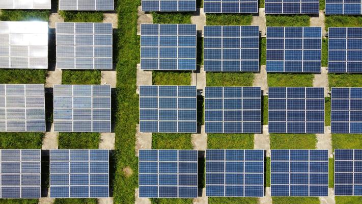 A field of large solar panels viewed from above