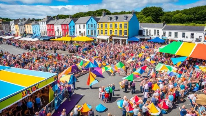 Image of large festival in summer sunshine, with an array of colorful roofs and buildings.