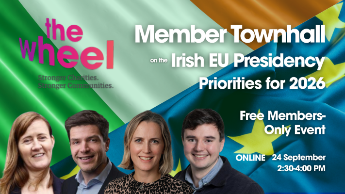 A banner image featuring the faces of the four guest speakers and the Irish and EU flags advertising The Wheel Oct 2025 Eu Presidency Town Hall event