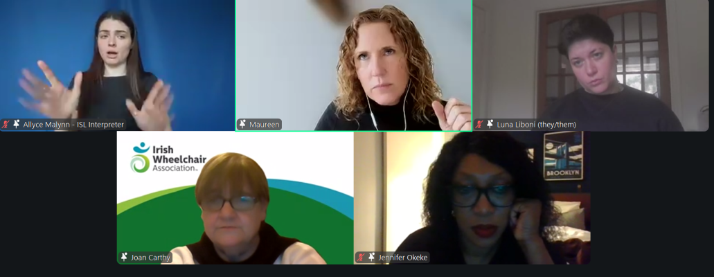 A screen capture of a Zoom conference call featuring five people including an ISL interpreter.