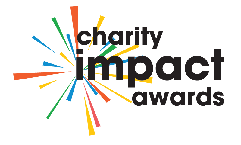 Charity Impact Awards logo: the name of the event with colourful sparkles behind it.