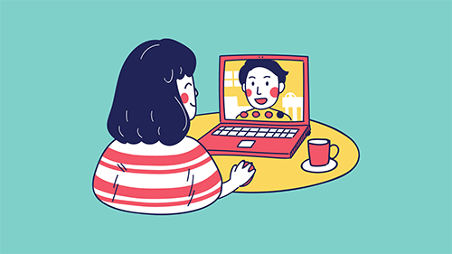 An illustration of a women speaking to another person on a computer screen.