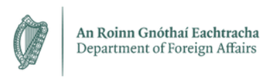 Department of Foreign Affairs Logo. An image of a harp next to the name of the department in English and Irish.