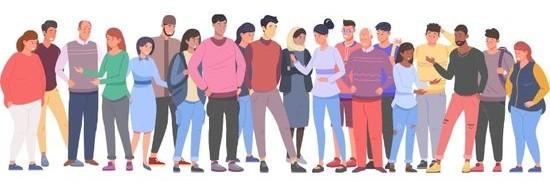 Graphic illustration of a crowd of people standing together, representing a diverse community.