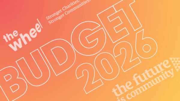 An orange and yellow gradient background with the words "Budget 2026" and the logo of The Wheel along with The Wheel's campaigning brand "The Future is Community"