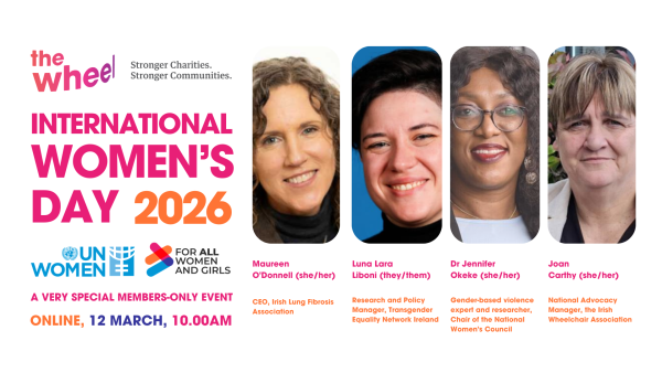 Banner advertisement featuring photos of four speakers and the logo for International Women's Day 2026 alongside the logo for The Wheel